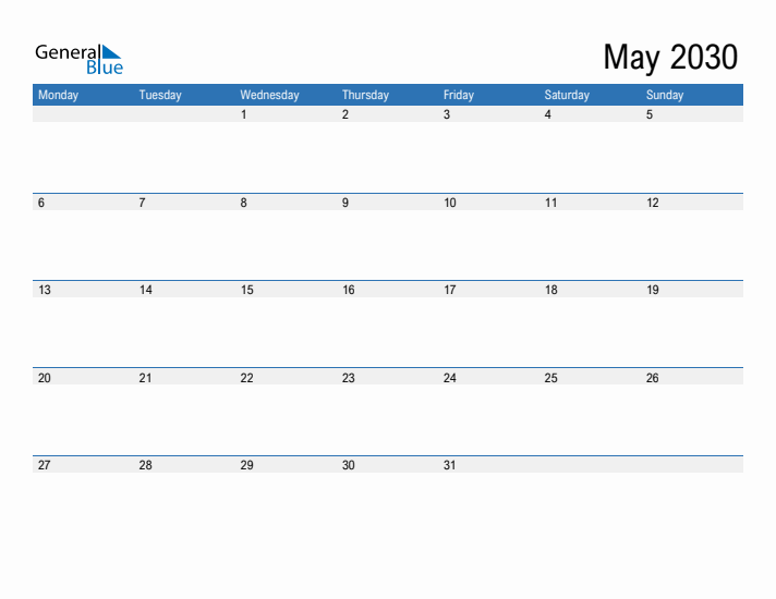 Fillable Calendar for May 2030