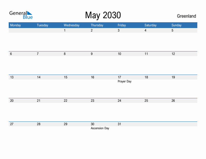 Fillable May 2030 Calendar