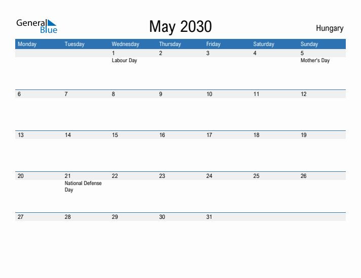 Fillable May 2030 Calendar