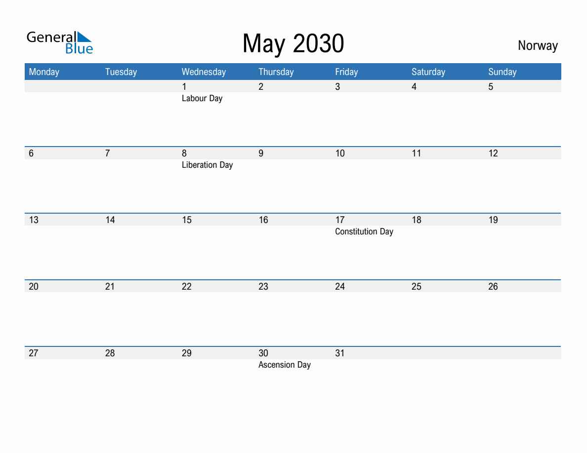 Editable May 2030 Calendar With Norway Holidays