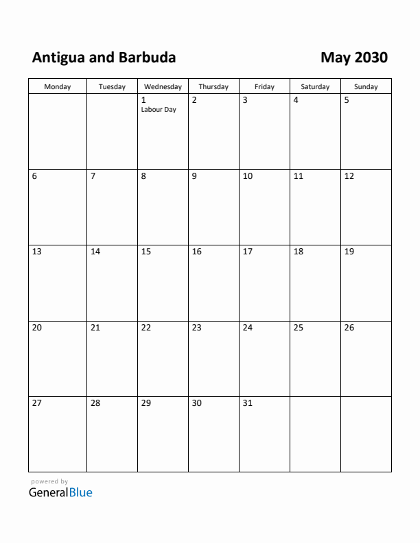 May 2030 Calendar with Antigua and Barbuda Holidays