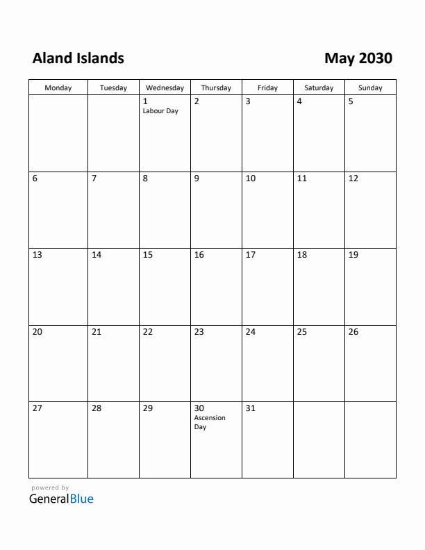 May 2030 Calendar with Aland Islands Holidays