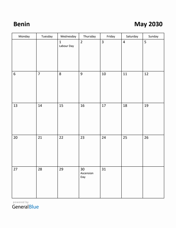 May 2030 Calendar with Benin Holidays