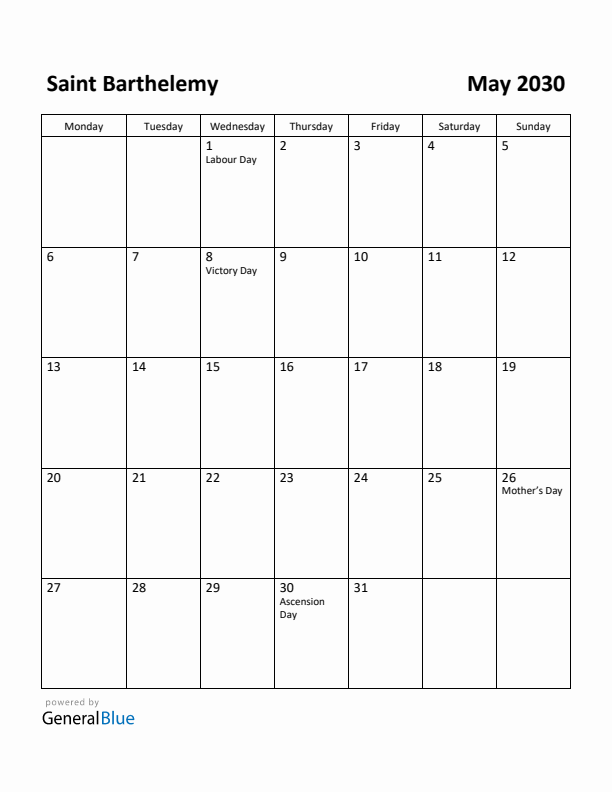 May 2030 Calendar with Saint Barthelemy Holidays