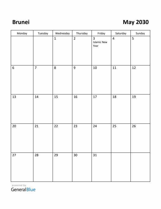 May 2030 Calendar with Brunei Holidays