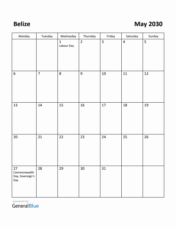 May 2030 Calendar with Belize Holidays