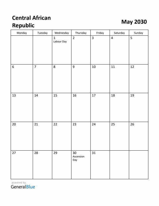 May 2030 Calendar with Central African Republic Holidays