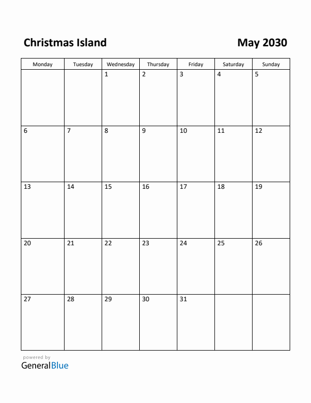 May 2030 Calendar with Christmas Island Holidays