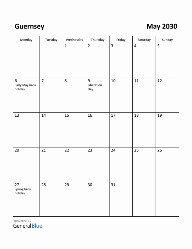 May 2030 Calendar with Guernsey Holidays