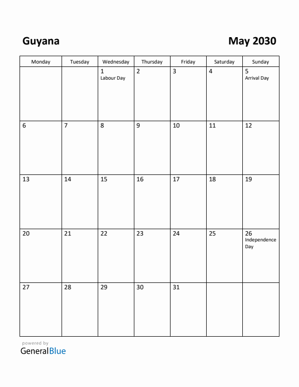 May 2030 Calendar with Guyana Holidays
