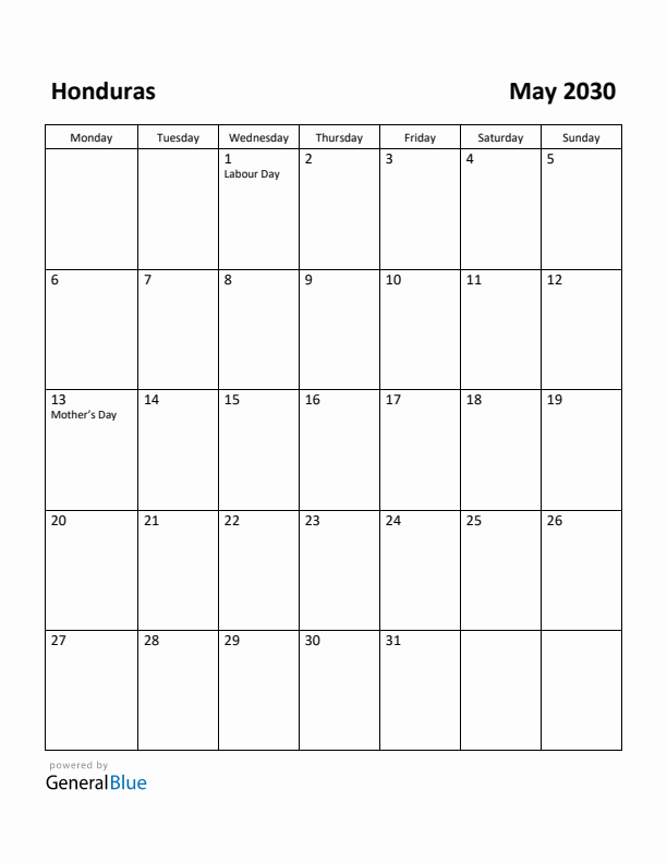 May 2030 Calendar with Honduras Holidays