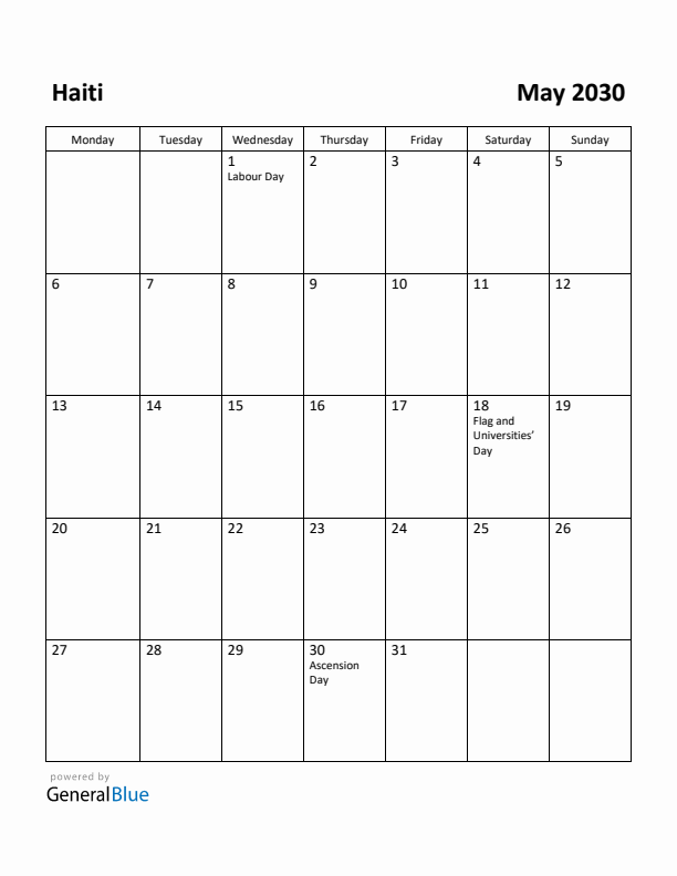 May 2030 Calendar with Haiti Holidays