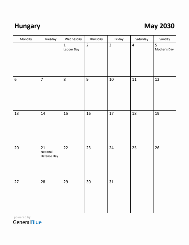 May 2030 Calendar with Hungary Holidays