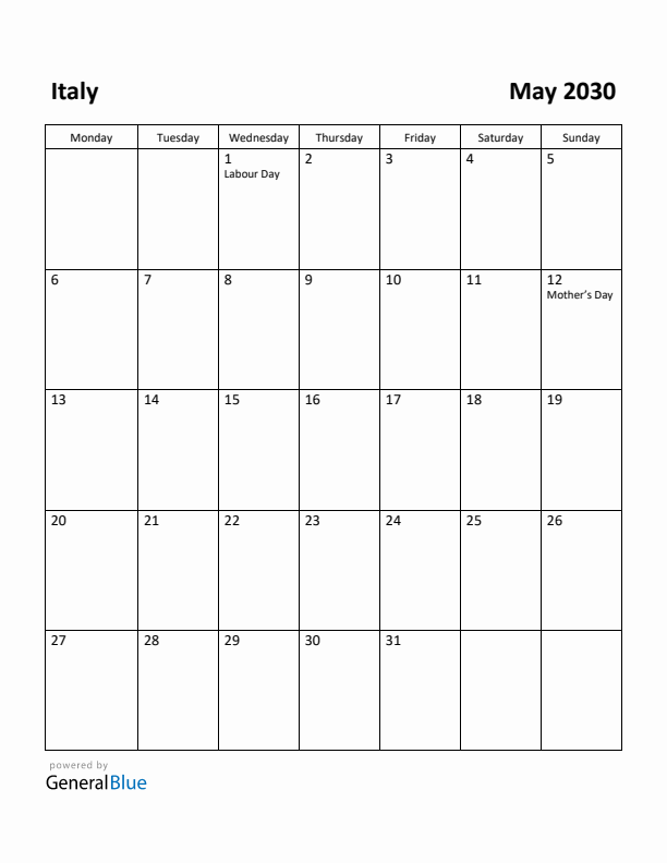 May 2030 Calendar with Italy Holidays