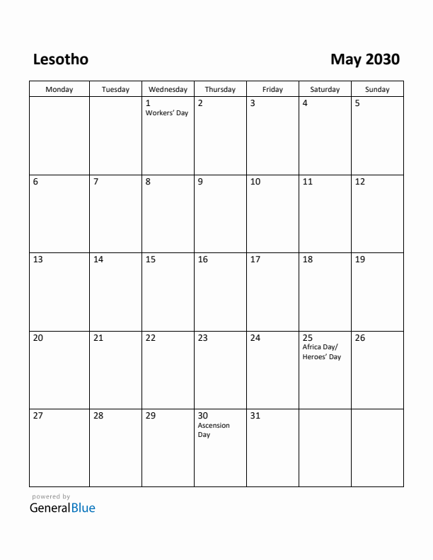 May 2030 Calendar with Lesotho Holidays