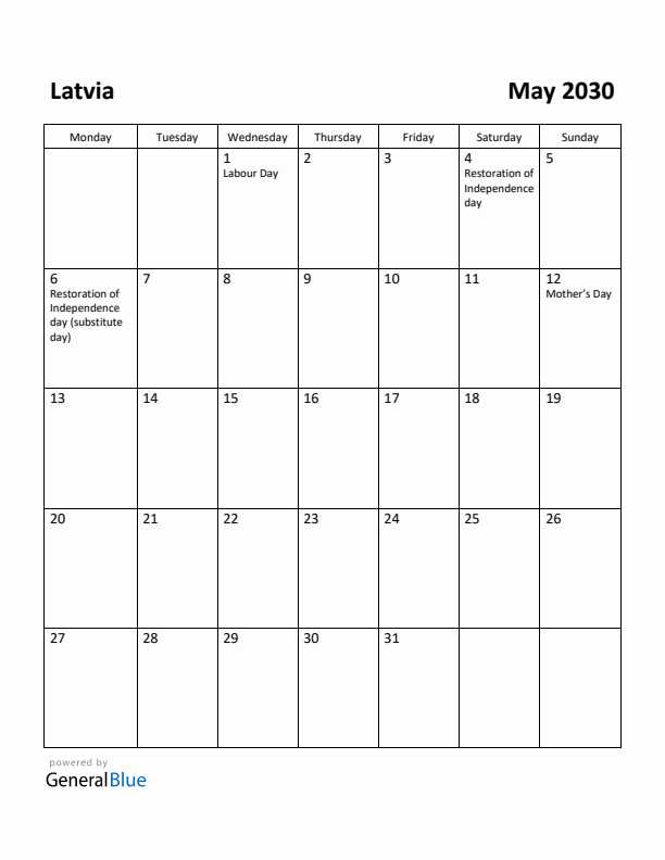 May 2030 Calendar with Latvia Holidays