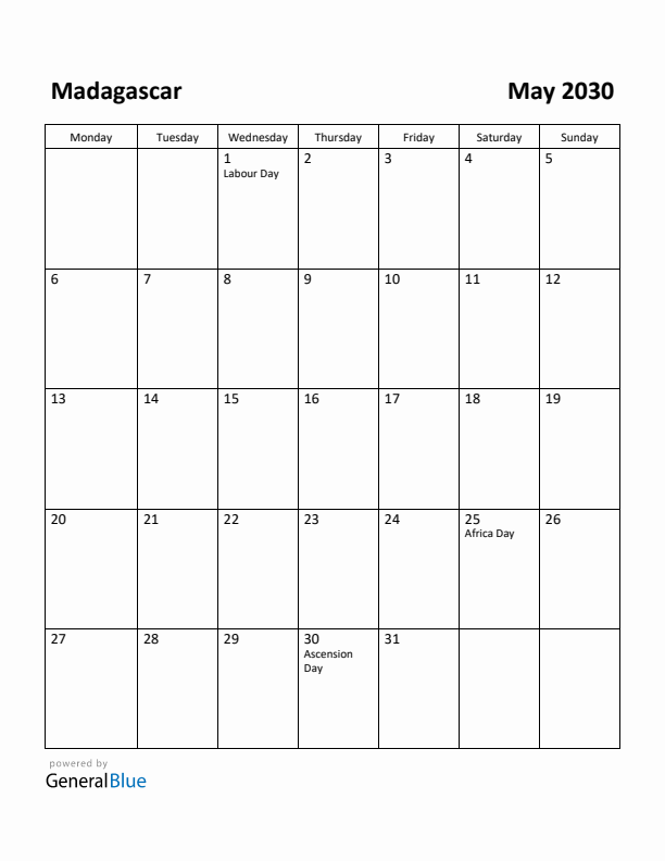 May 2030 Calendar with Madagascar Holidays