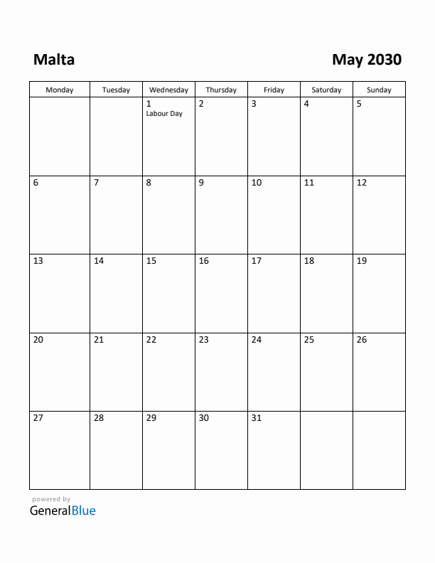 May 2030 Calendar with Malta Holidays