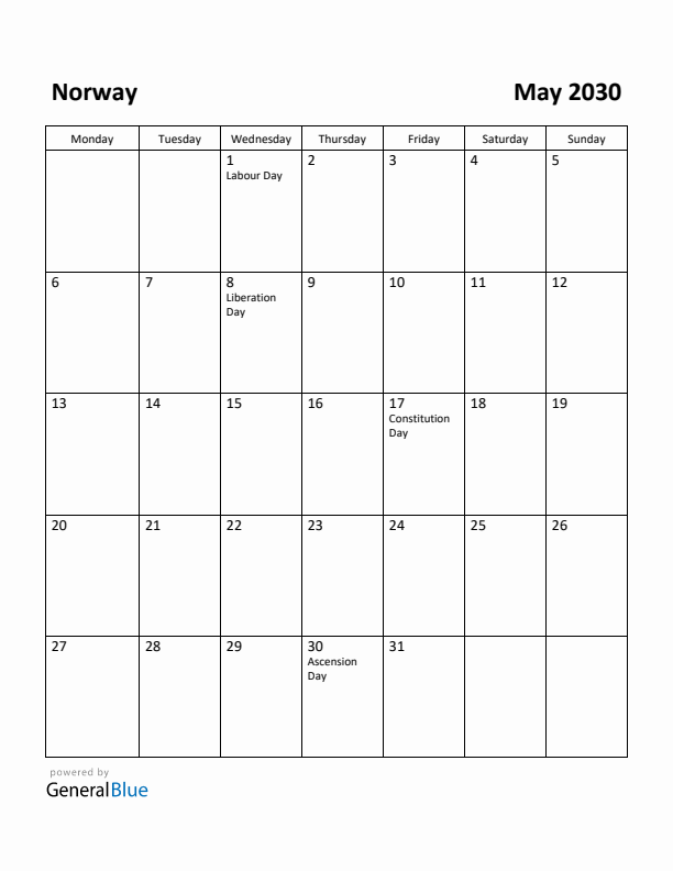 May 2030 Calendar with Norway Holidays