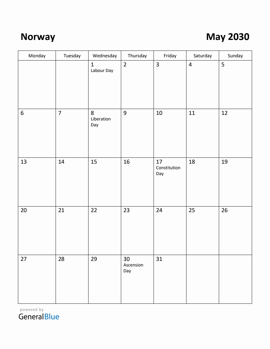 Free Printable May 2030 Calendar for Norway