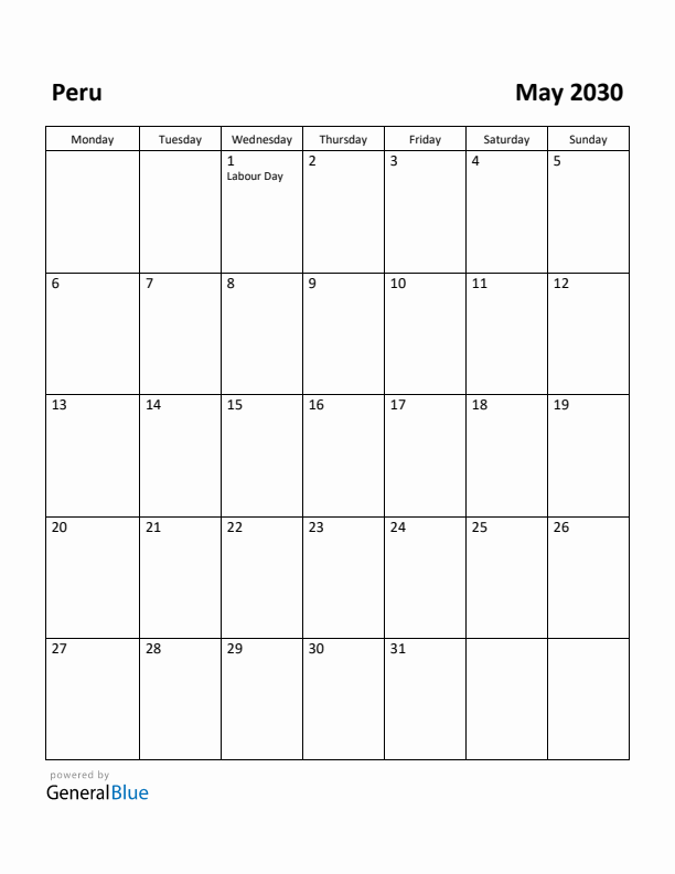 May 2030 Calendar with Peru Holidays
