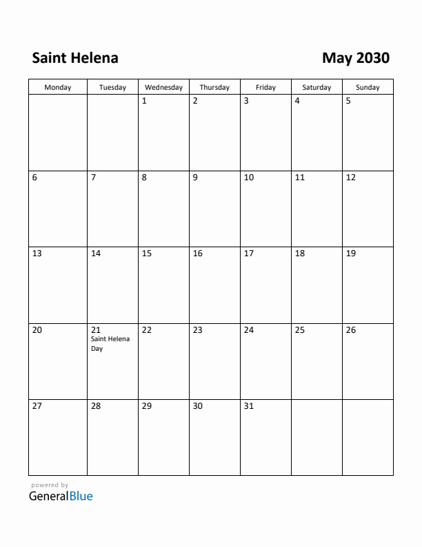 May 2030 Calendar with Saint Helena Holidays