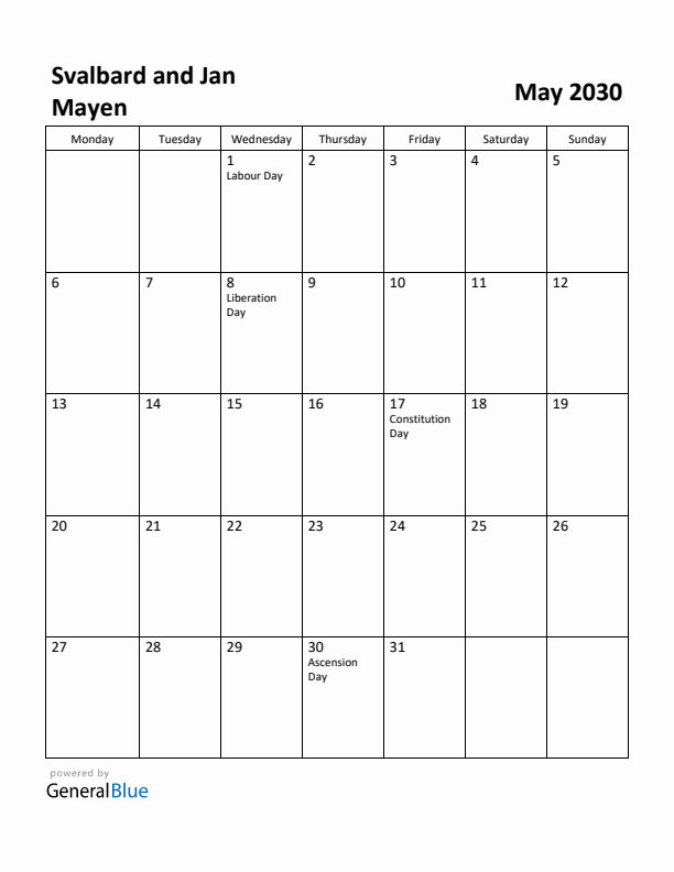 May 2030 Calendar with Svalbard and Jan Mayen Holidays