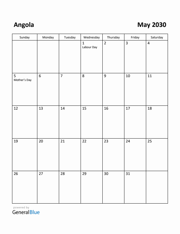 May 2030 Calendar with Angola Holidays