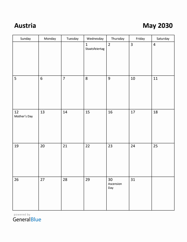 May 2030 Calendar with Austria Holidays
