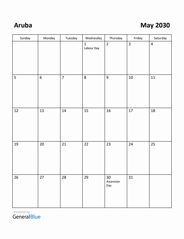 May 2030 Calendar with Aruba Holidays