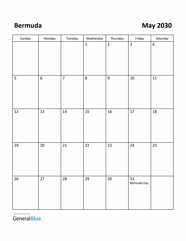 May 2030 Calendar with Bermuda Holidays
