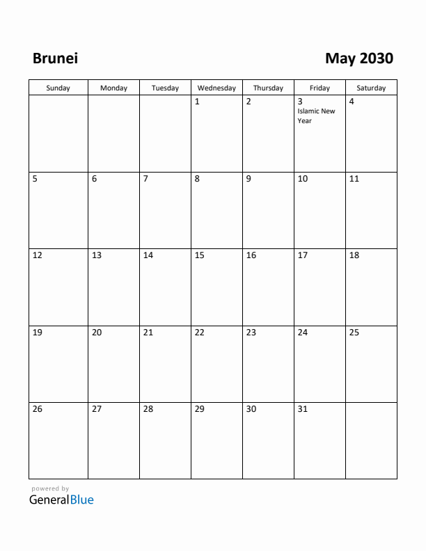 May 2030 Calendar with Brunei Holidays