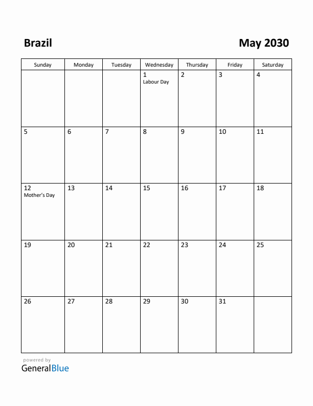May 2030 Calendar with Brazil Holidays