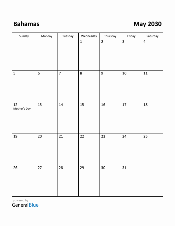May 2030 Calendar with Bahamas Holidays