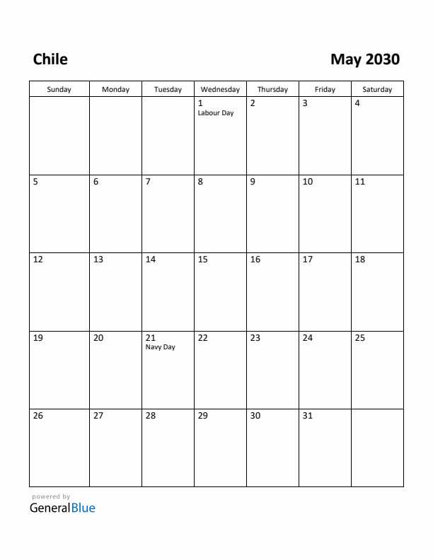 May 2030 Calendar with Chile Holidays