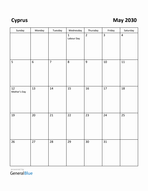 May 2030 Calendar with Cyprus Holidays