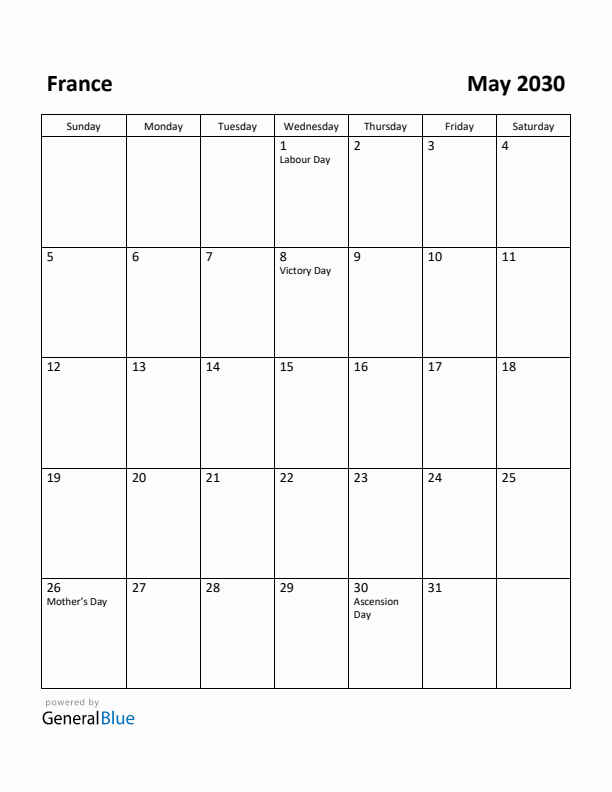 May 2030 Calendar with France Holidays