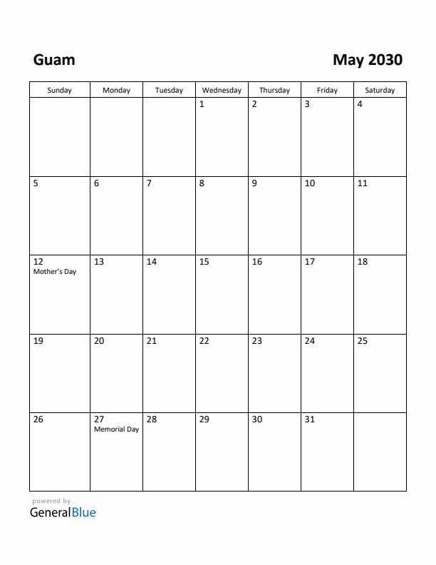 May 2030 Calendar with Guam Holidays