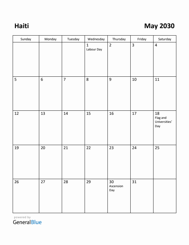 May 2030 Calendar with Haiti Holidays