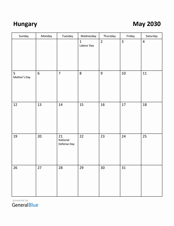 May 2030 Calendar with Hungary Holidays