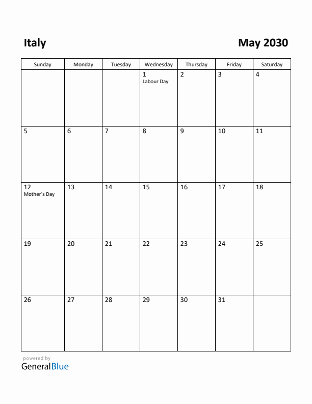 May 2030 Calendar with Italy Holidays