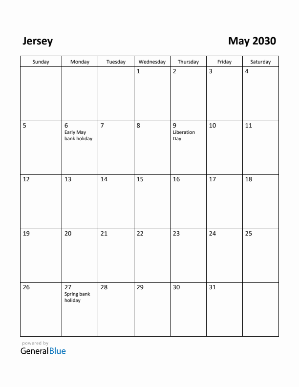 May 2030 Calendar with Jersey Holidays