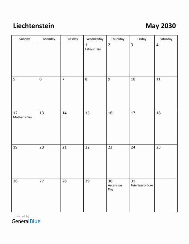 May 2030 Calendar with Liechtenstein Holidays