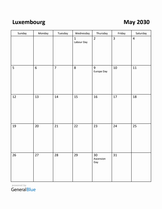 May 2030 Calendar with Luxembourg Holidays