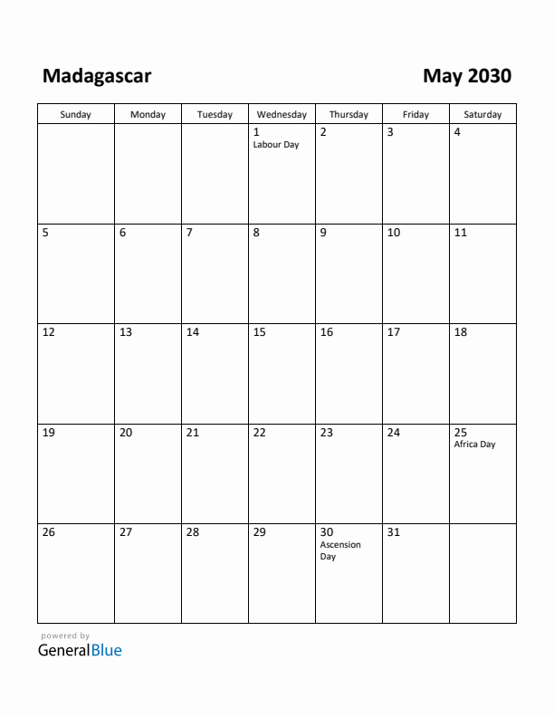 May 2030 Calendar with Madagascar Holidays