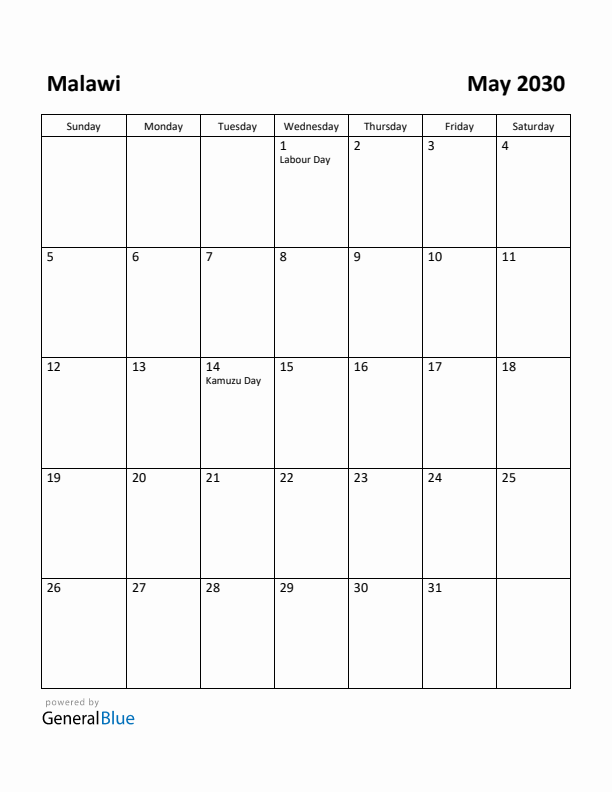 May 2030 Calendar with Malawi Holidays