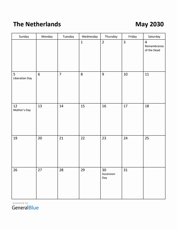 May 2030 Calendar with The Netherlands Holidays
