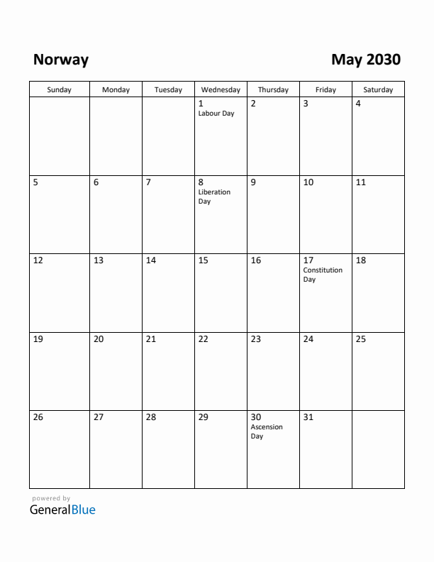 May 2030 Calendar with Norway Holidays