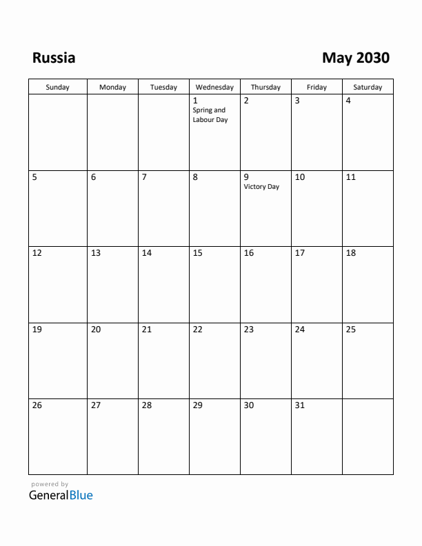 May 2030 Calendar with Russia Holidays