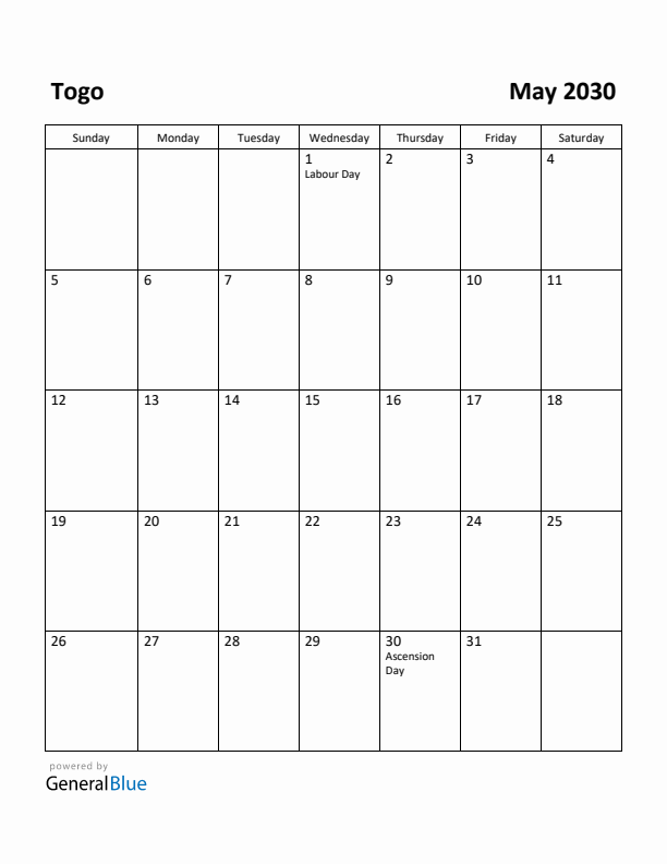 May 2030 Calendar with Togo Holidays